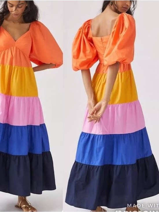 FARM Rio Dresses & Skirts - NEW FARM RIO Cotton Tiered RufflePuff Sleeves Colorblock Maxi Dress, Medium